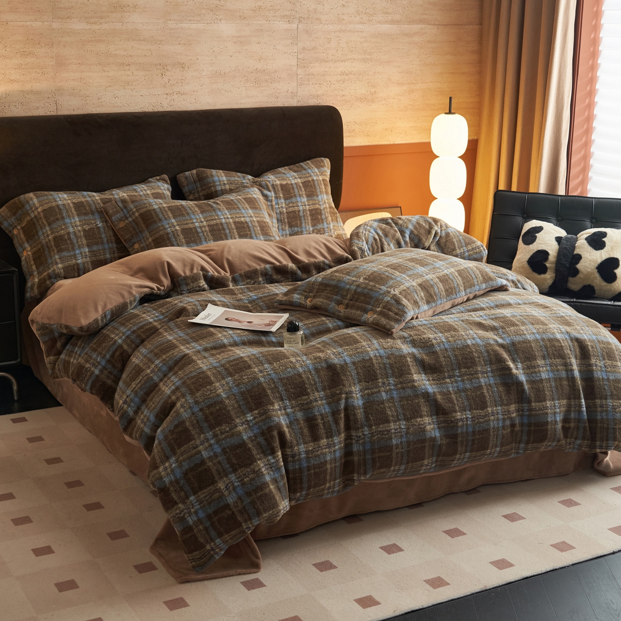 91家纺网 家纺一手货源 找家纺 早晨家纺 2025新款230g羊驼绒复古格牛奶绒四件套 维系咖格