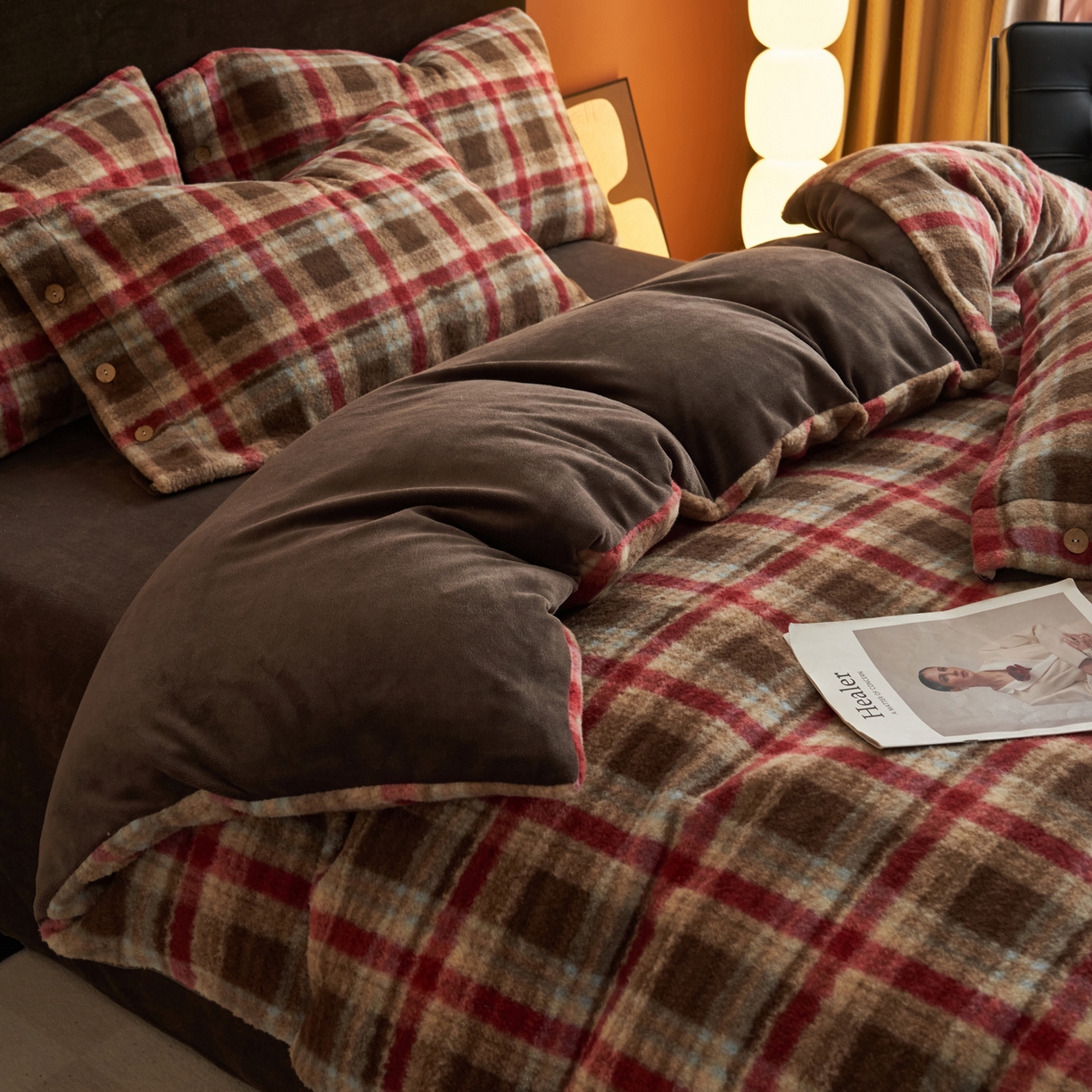 91家纺网 家纺一手货源 找家纺 早晨家纺 2025新款230g羊驼绒复古格牛奶绒四件套 苏格兰格