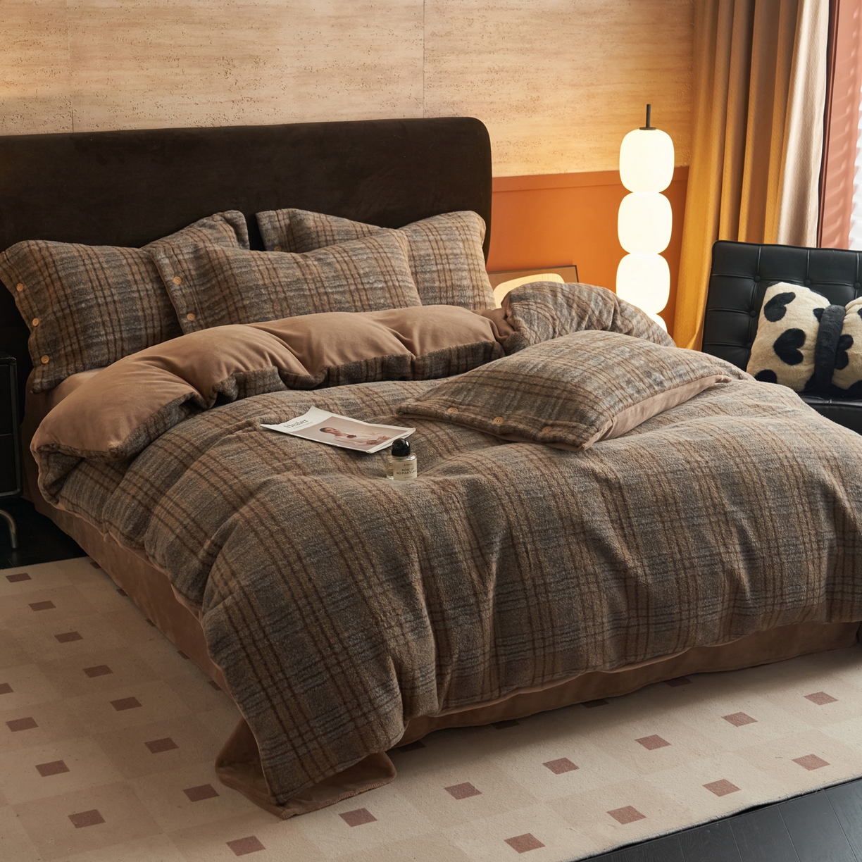 91家纺网 家纺一手货源 找家纺 早晨家纺 2025新款230g羊驼绒复古格牛奶绒四件套 牧羊格