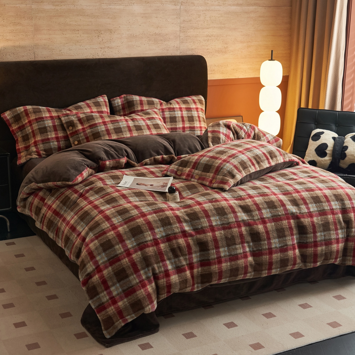 91家纺网 家纺一手货源 找家纺 早晨家纺 2025新款230g羊驼绒复古格牛奶绒四件套 苏格兰格