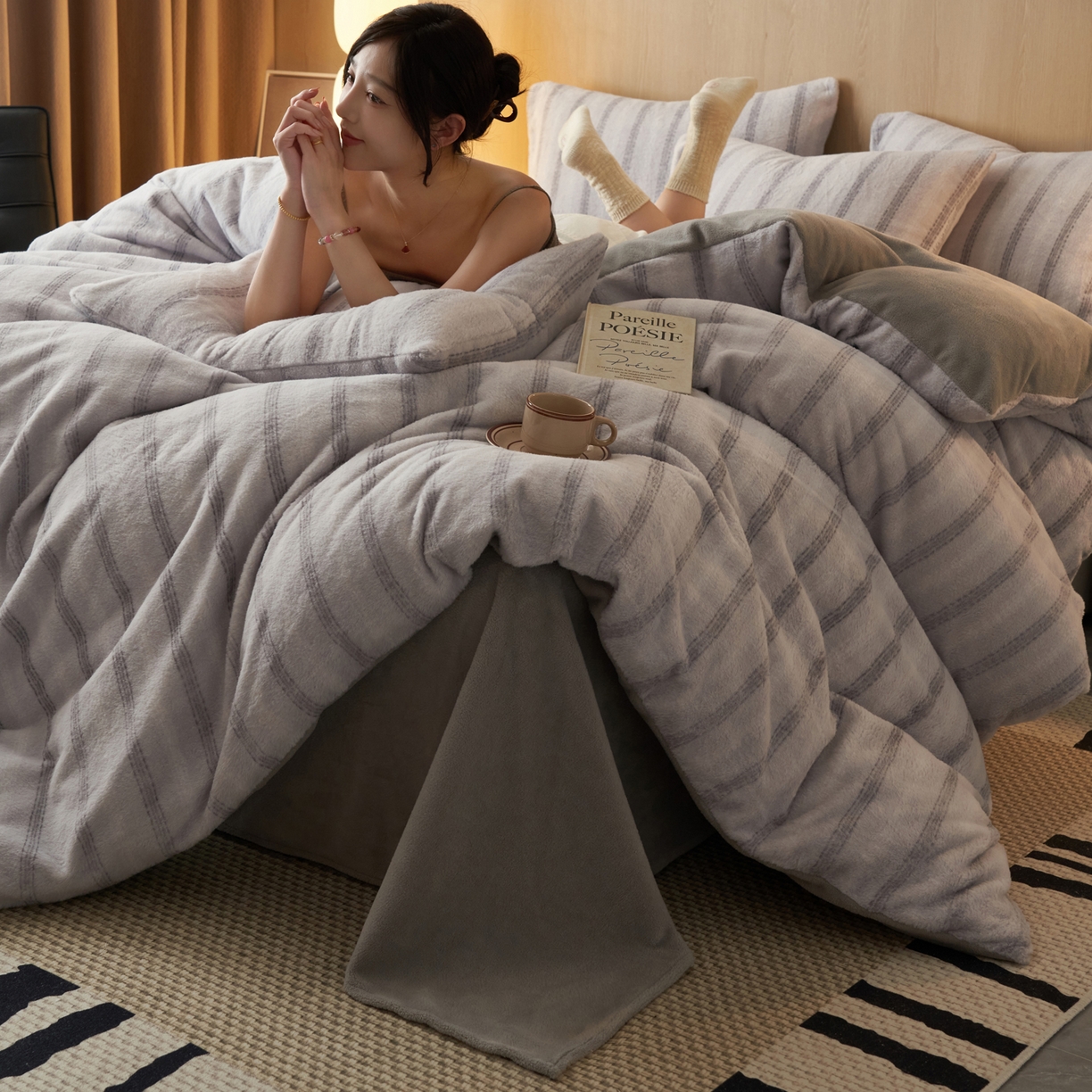 91家纺网 家纺一手货源 找家纺 早晨家纺 2025新款未末款仿羊绒牛奶绒四件套 未末-浅灰