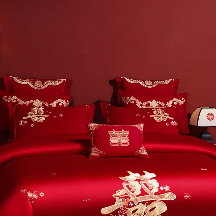 91家纺网 家纺一手货源 找家纺 芊囍纺 2025新款全棉刺绣婚庆四件套 囍多多