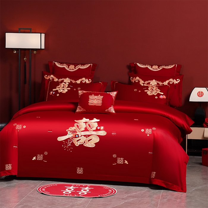 91家纺网 家纺一手货源 找家纺 芊囍纺 2025新款全棉刺绣婚庆四件套 囍多多