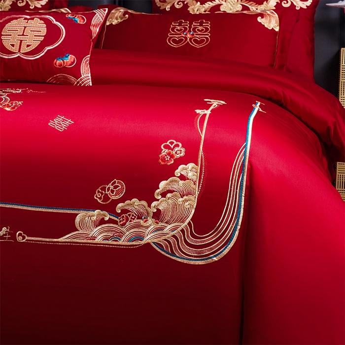 91家纺网 家纺一手货源 找家纺 芊囍纺 2025新款全棉刺绣婚庆四件套 一生一世