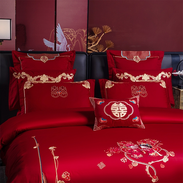 91家纺网 家纺一手货源 找家纺 芊囍纺 2025新款全棉刺绣婚庆四件套 一生一世