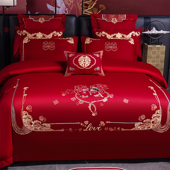 91家纺网 家纺一手货源 找家纺 芊囍纺 2025新款全棉刺绣婚庆四件套 一生一世