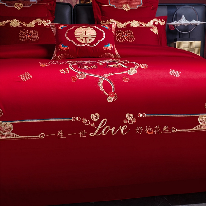 91家纺网 家纺一手货源 找家纺 芊囍纺 2025新款全棉刺绣婚庆四件套 一生一世