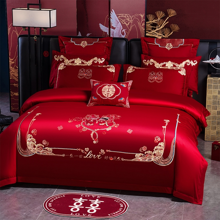 91家纺网 家纺一手货源 找家纺 芊囍纺 2025新款全棉刺绣婚庆四件套 一生一世