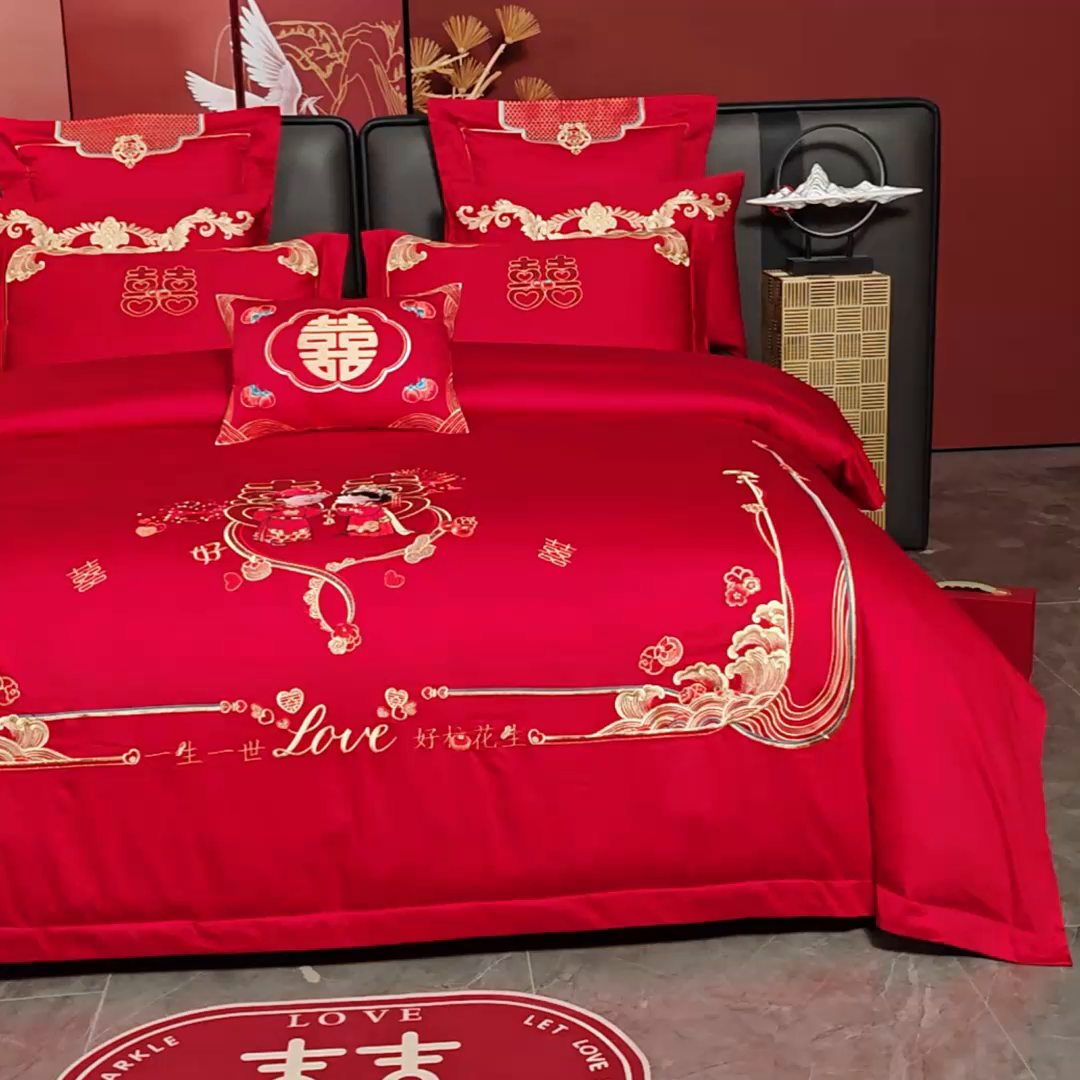 91家纺网 家纺一手货源 找家纺 芊囍纺 2025新款全棉刺绣婚庆四件套 一生一世