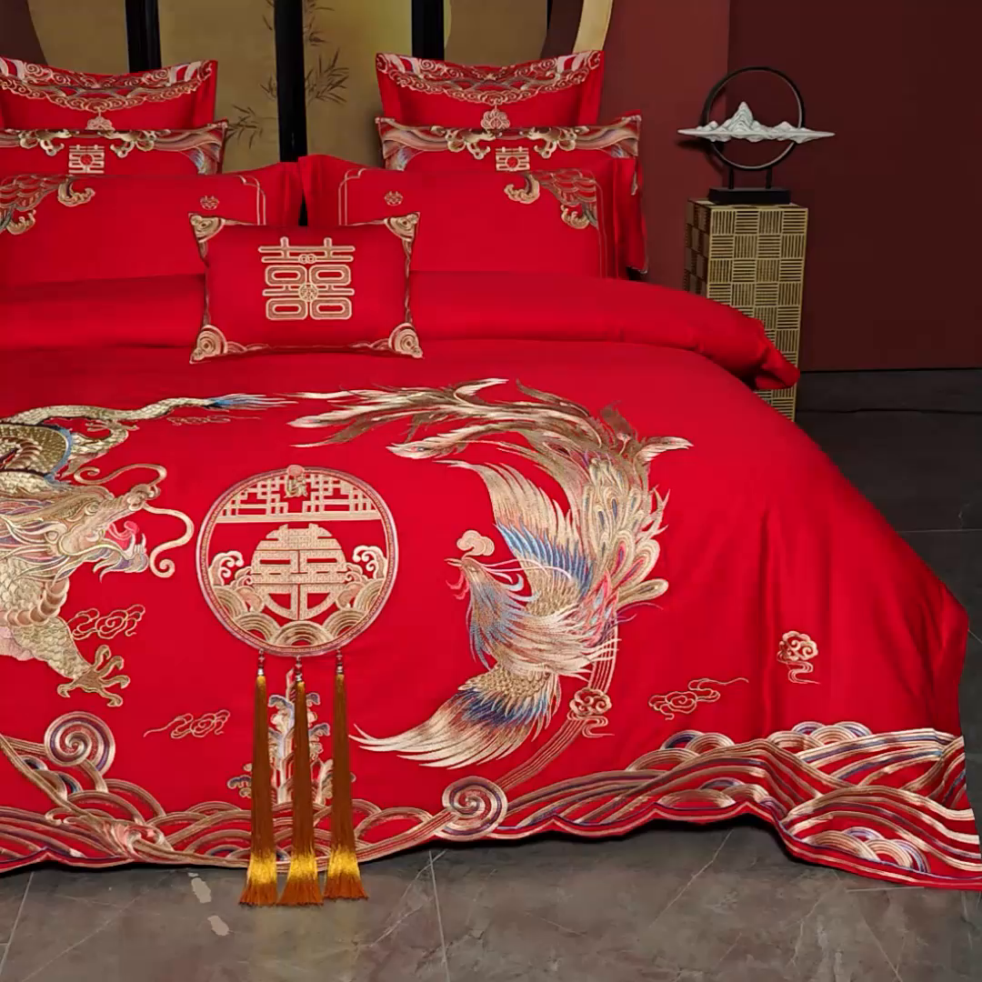 91家纺网 家纺一手货源 找家纺 芊囍纺 2025新款全棉刺绣婚庆四件套 九五之尊