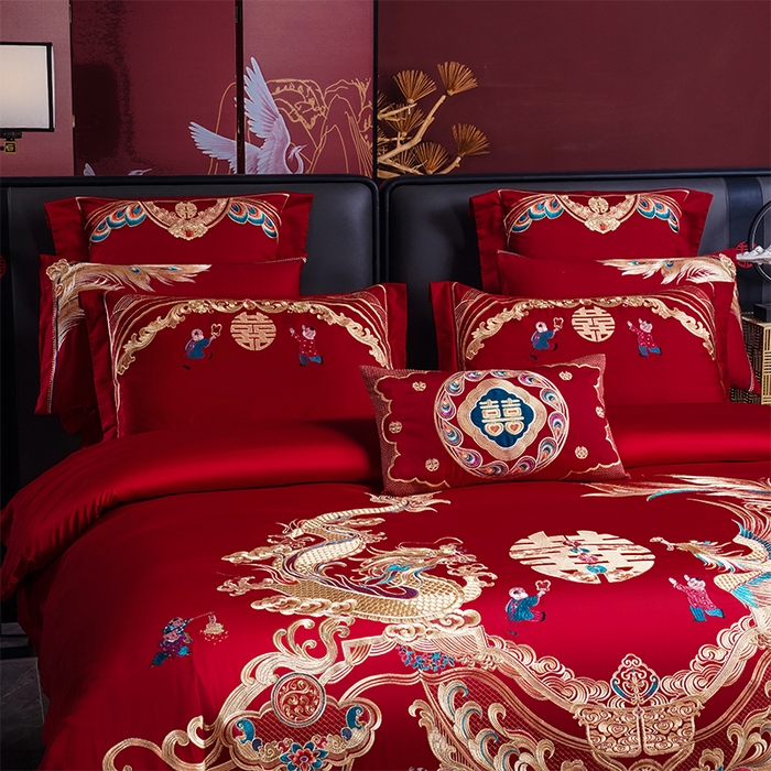 91家纺网 家纺一手货源 找家纺 芊囍纺 2025新款全棉刺绣婚庆四件套 龙凤百子