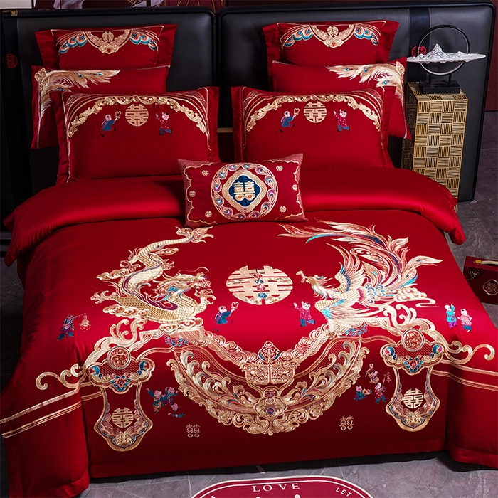 91家纺网 家纺一手货源 找家纺 芊囍纺 2025新款全棉刺绣婚庆四件套 龙凤百子