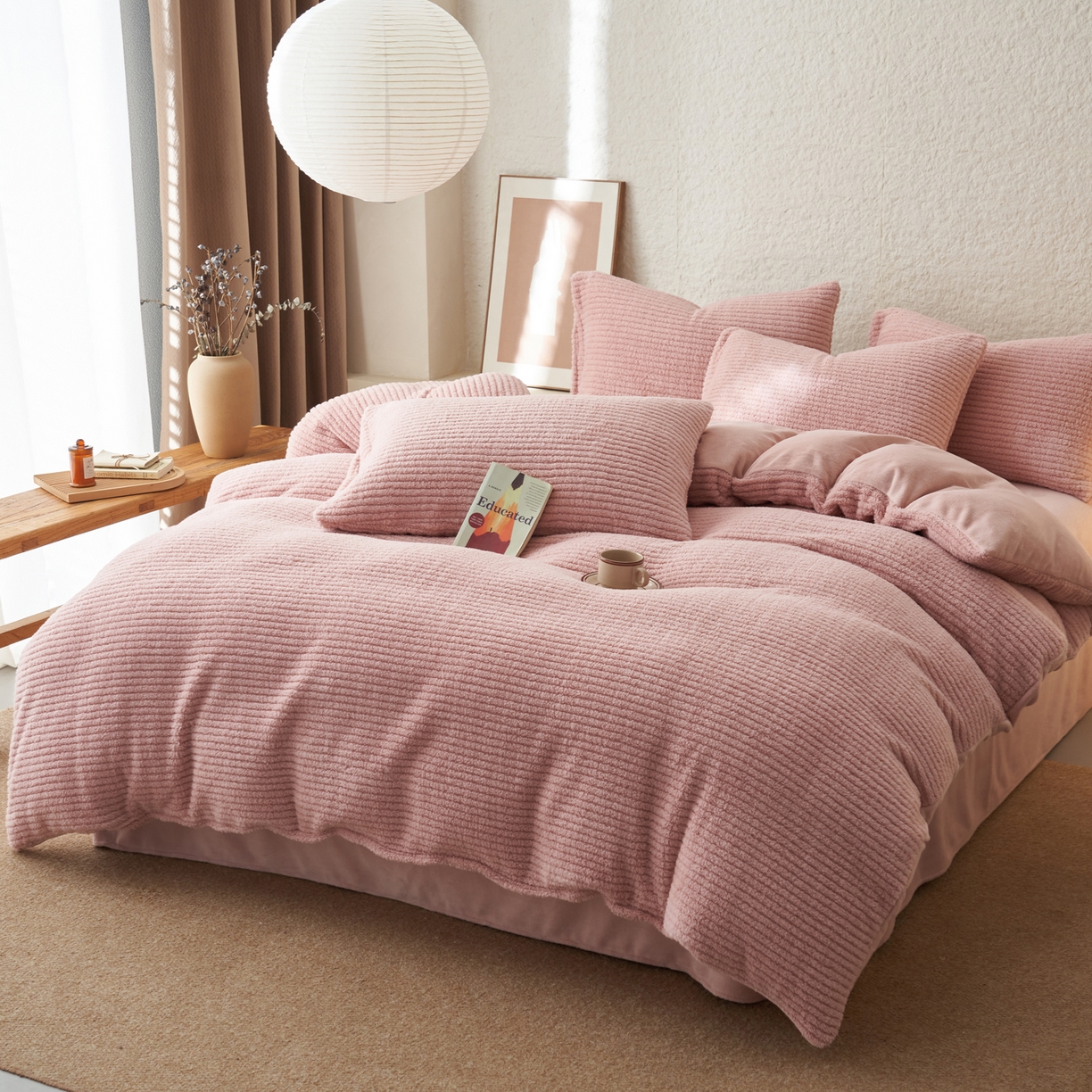 91家纺网 家纺一手货源 找家纺 早晨家纺 2025新款世纪款塔芙蓉牛奶绒四件套 世纪-条纹粉