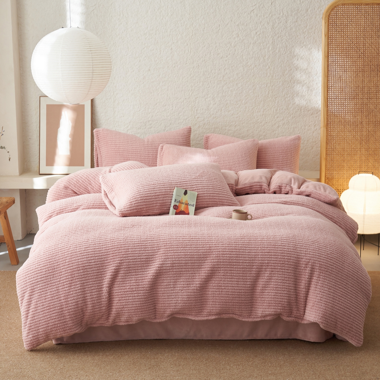 91家纺网 家纺一手货源 找家纺 早晨家纺 2025新款世纪款塔芙蓉牛奶绒四件套 世纪-条纹粉