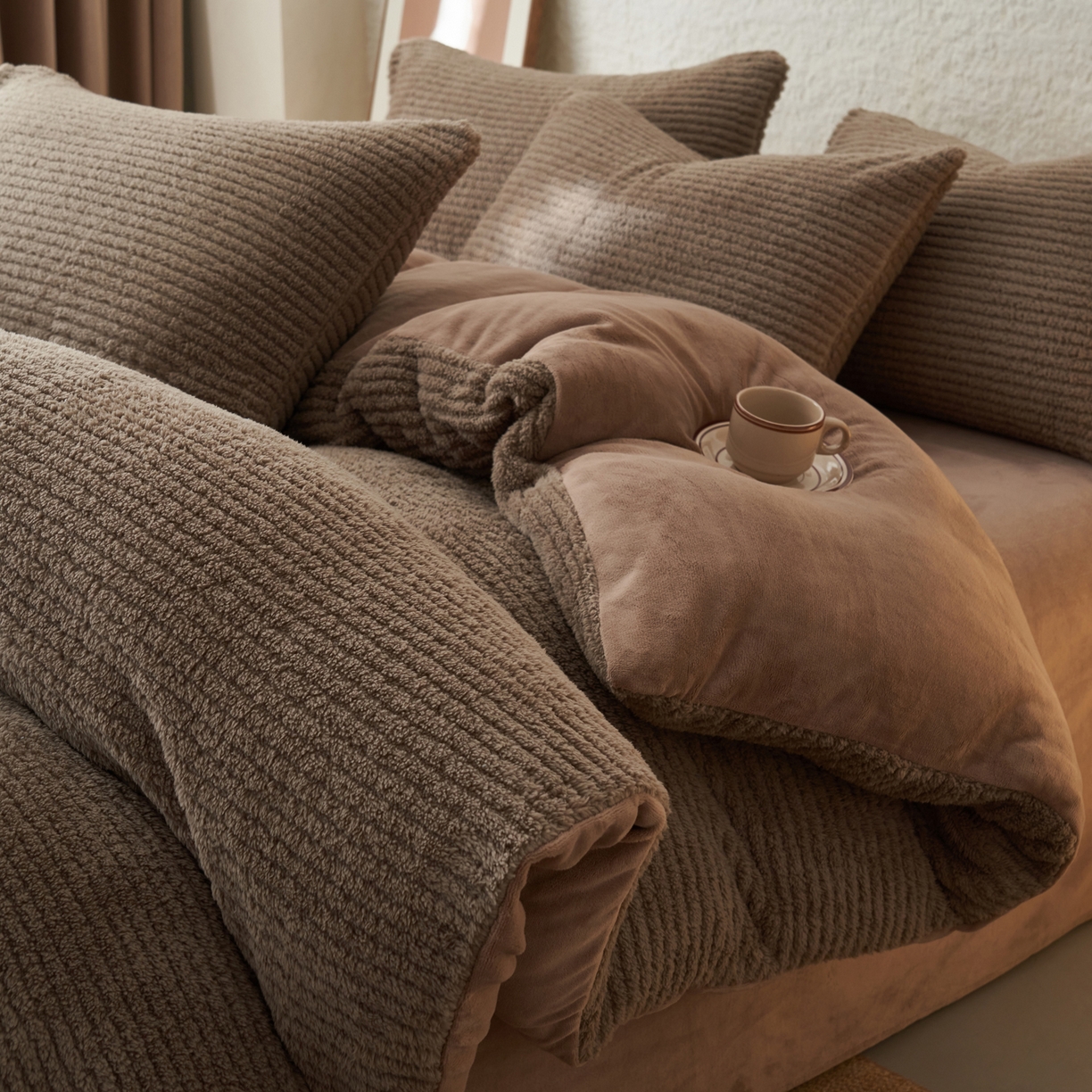 91家纺网 家纺一手货源 找家纺 早晨家纺 2025新款世纪款塔芙蓉牛奶绒四件套 世纪-条纹棕