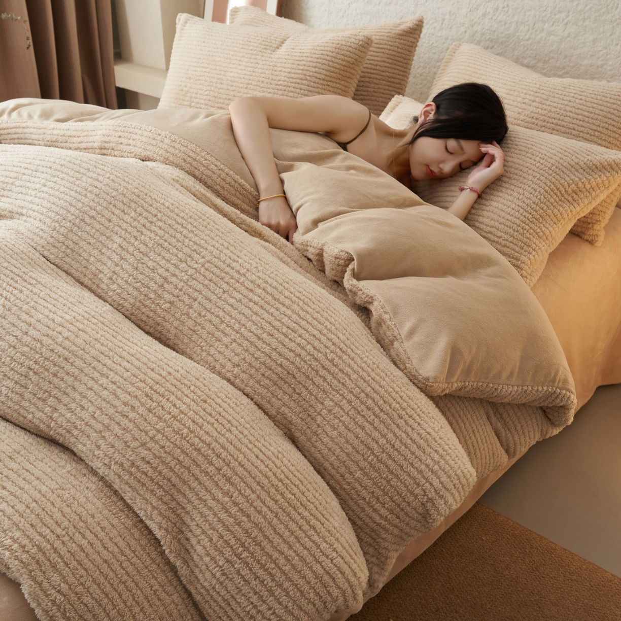 早晨家纺 2025新款世纪款塔芙蓉牛奶绒四件套 世纪-条纹驼