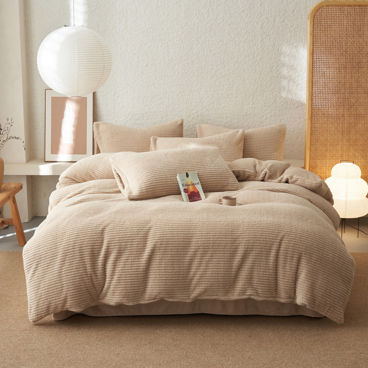 91家纺网 家纺一手货源 找家纺 早晨家纺 2025新款世纪款塔芙蓉牛奶绒四件套 世纪-条纹驼