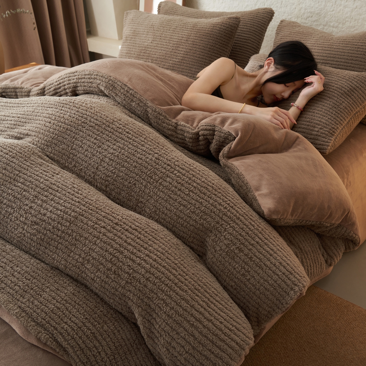 早晨家纺 2025新款世纪款塔芙蓉牛奶绒四件套 世纪-条纹棕