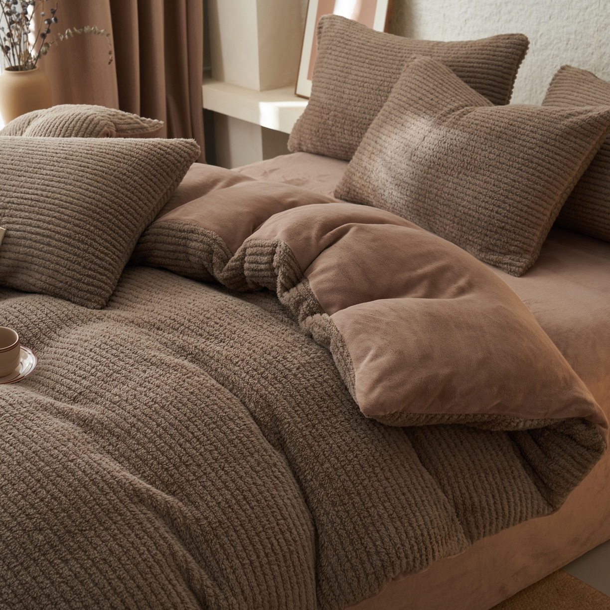 91家纺网 家纺一手货源 找家纺 早晨家纺 2025新款世纪款塔芙蓉牛奶绒四件套 世纪-条纹棕