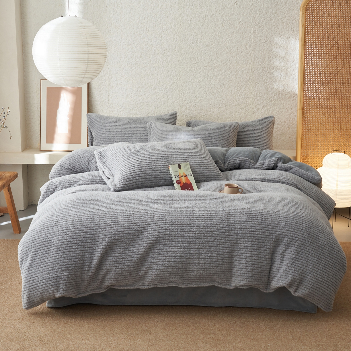 91家纺网 家纺一手货源 找家纺 早晨家纺 2025新款世纪款塔芙蓉牛奶绒四件套 世纪-条纹灰