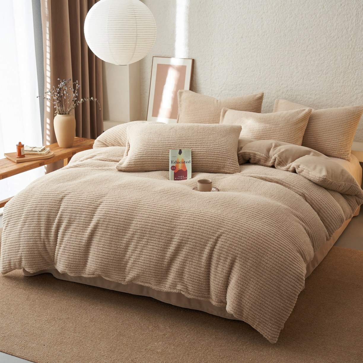 91家纺网 家纺一手货源 找家纺 早晨家纺 2025新款世纪款塔芙蓉牛奶绒四件套 世纪-条纹驼