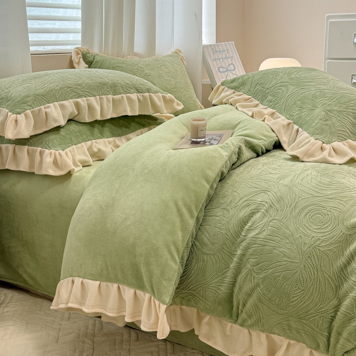 91家纺网 家纺一手货源 找家纺 懒猫家纺 2025新款亲肤舒适牛奶绒四件套-千寻花语系列 千寻花语-雅绿