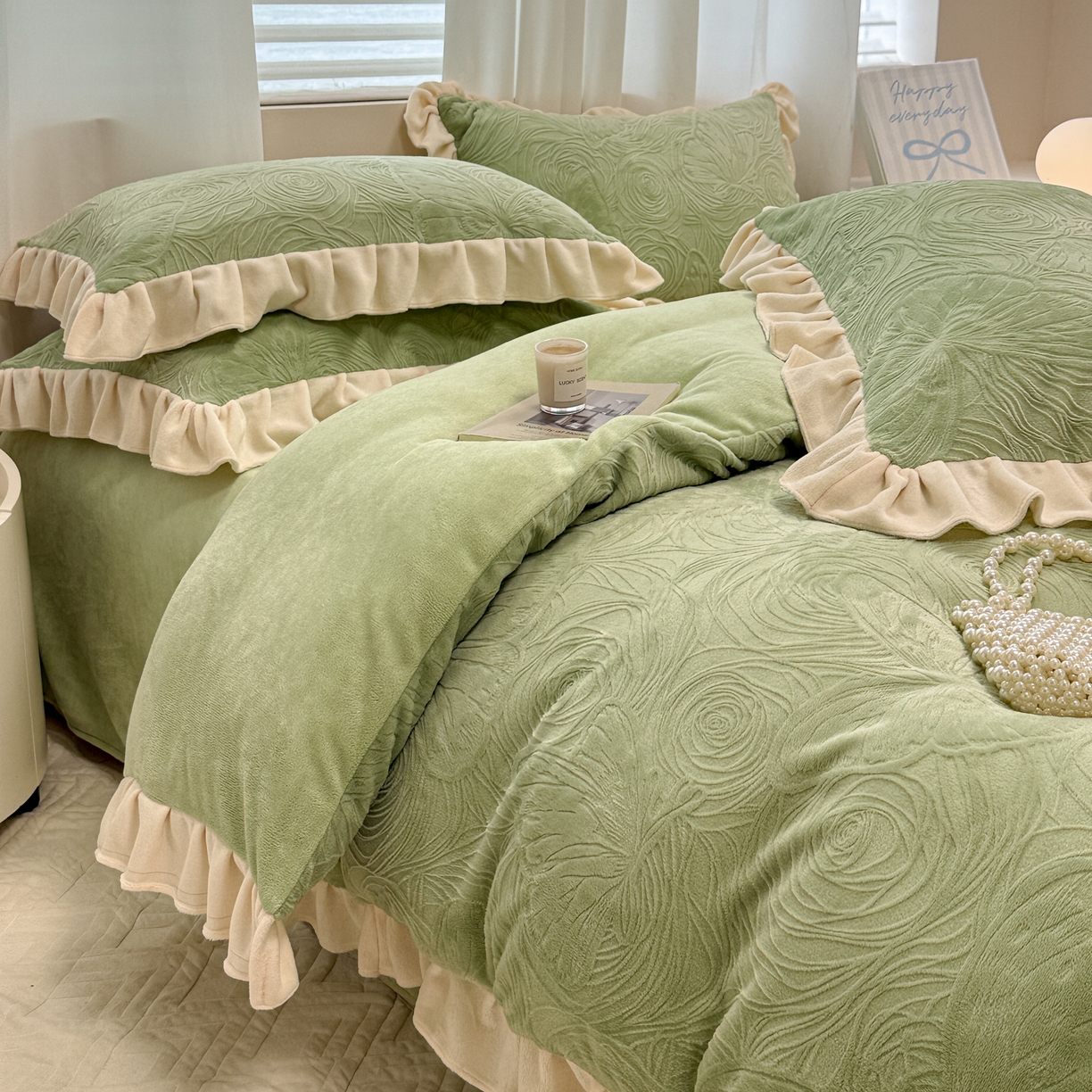 91家纺网 家纺一手货源 找家纺 懒猫家纺 2025新款亲肤舒适牛奶绒四件套-千寻花语系列 千寻花语-雅绿