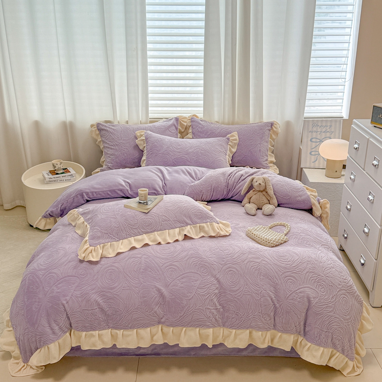 懒猫家纺 2025新款亲肤舒适牛奶绒四件套-千寻花语系列 千寻花语-玫紫