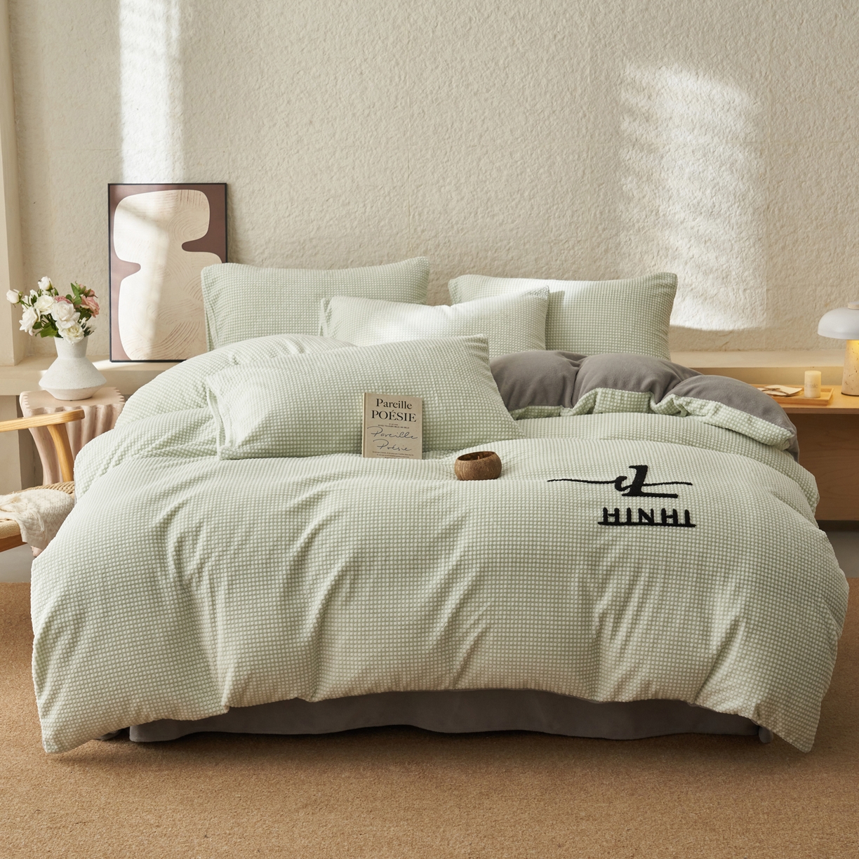 91家纺网 家纺一手货源 找家纺 早晨家纺 2025新款深蓝款阳离子提花牛奶绒四件套 深蓝-绿