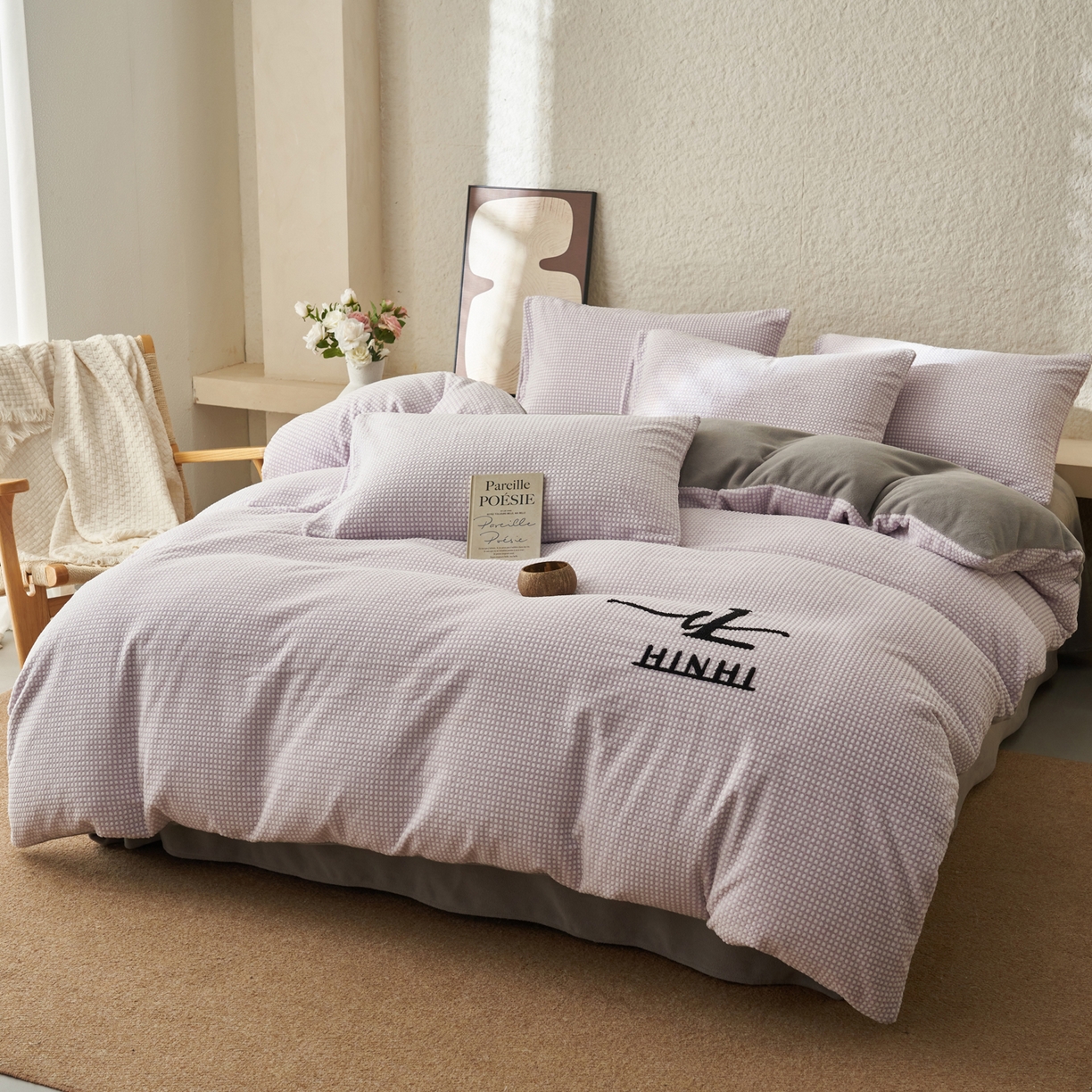 91家纺网 家纺一手货源 找家纺 早晨家纺 2025新款深蓝款阳离子提花牛奶绒四件套 深蓝-紫