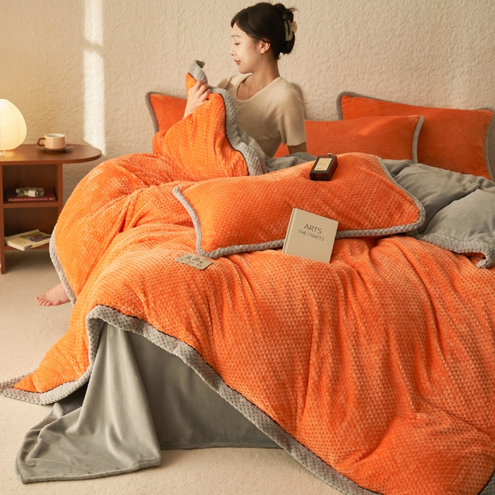 91家纺网 家纺一手货源 找家纺 早晨家纺 2025新款尚流款牛奶绒提花四件套 尚流-桔黄