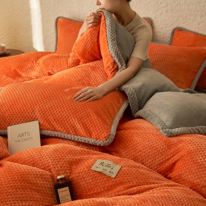 91家纺网 家纺一手货源 找家纺 早晨家纺 2025新款尚流款牛奶绒提花四件套 尚流-桔黄