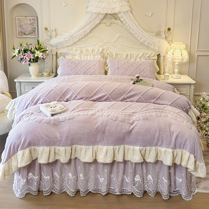 （总）宜凡家纺 2025新款兔绒提花牛奶绒夹棉床裙四件套（森林密语）