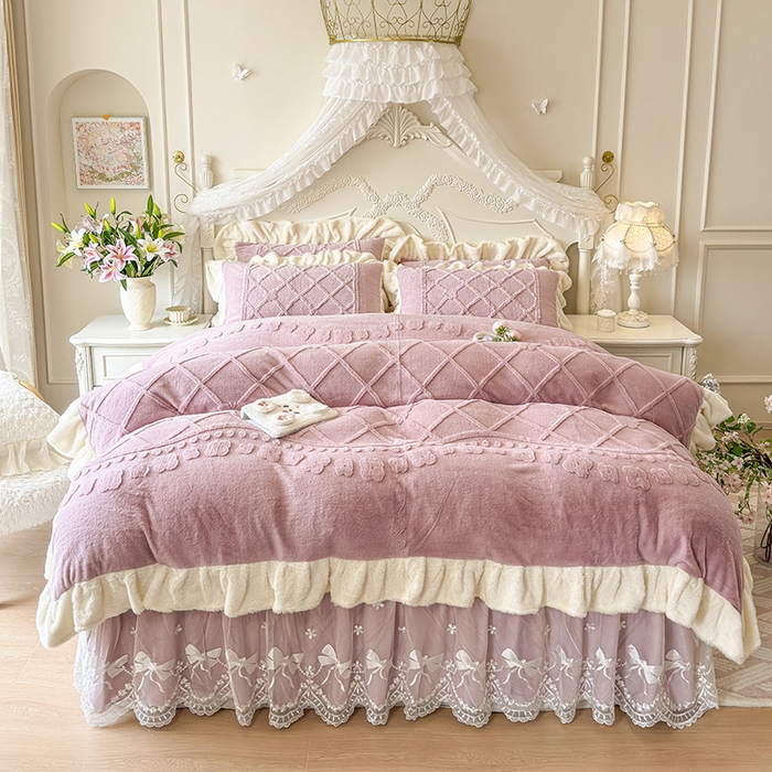 宜凡家纺 2025新款兔绒提花牛奶绒夹棉床裙四件套（森林密语） 森林密语 豆沙紫