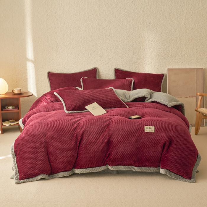 91家纺网 家纺一手货源 找家纺 早晨家纺 2025新款尚流款牛奶绒提花四件套 尚流-酒红