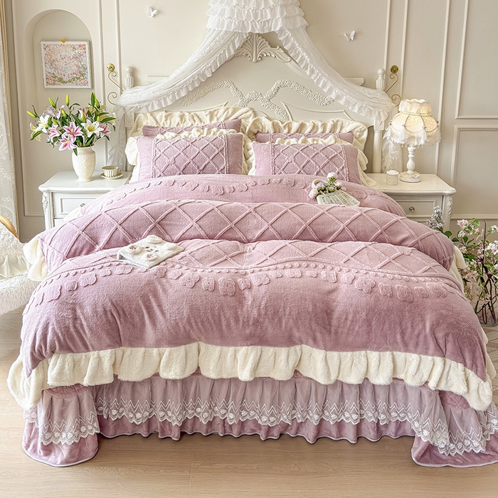 宜凡家纺 2025新款兔绒提花牛奶绒夹棉床盖四件套（森林密语） 森林密语 豆沙紫