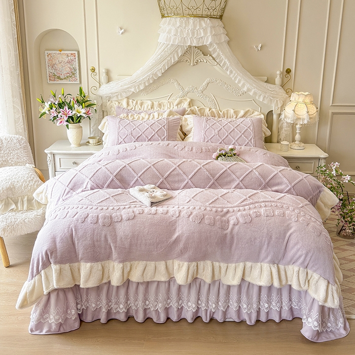 宜凡家纺 2025新款兔绒提花牛奶绒夹棉床盖四件套（森林密语） 森林密语 浅紫
