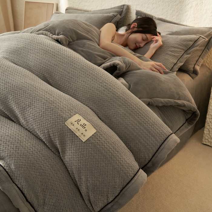 早晨家纺 2025新款青沐款牛奶绒提花四件套 青沐-浅灰