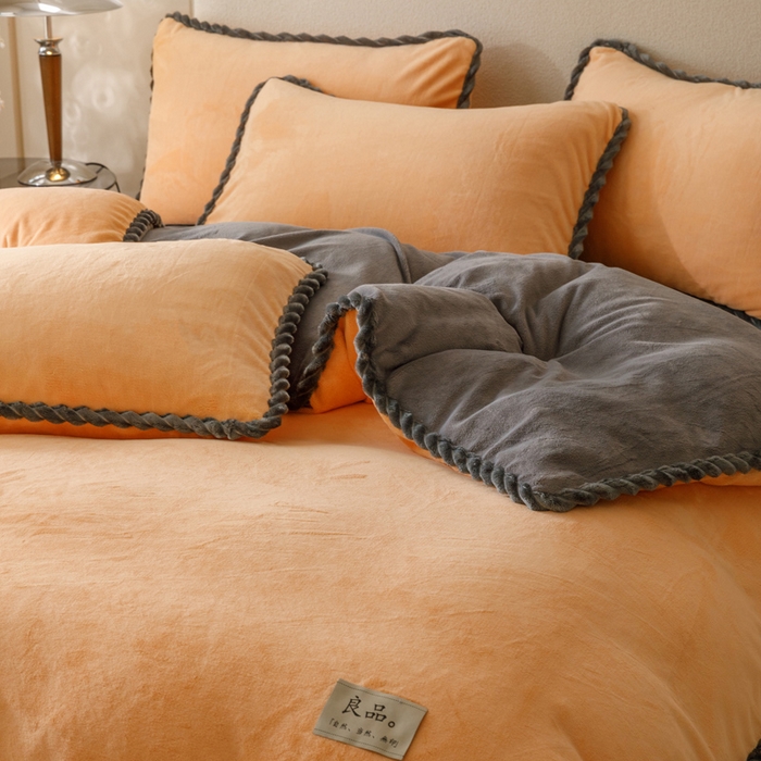 91家纺网 家纺一手货源 找家纺 早晨家纺 2025新款牛奶绒双拼四件套 双拼橘色+浅灰