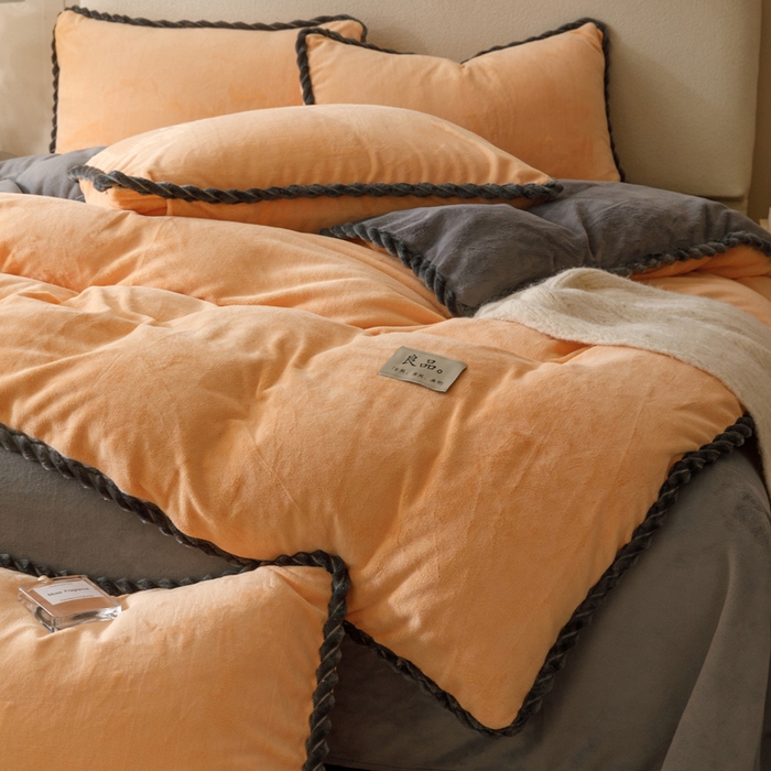 91家纺网 家纺一手货源 找家纺 早晨家纺 2025新款牛奶绒双拼四件套 双拼橘色+浅灰