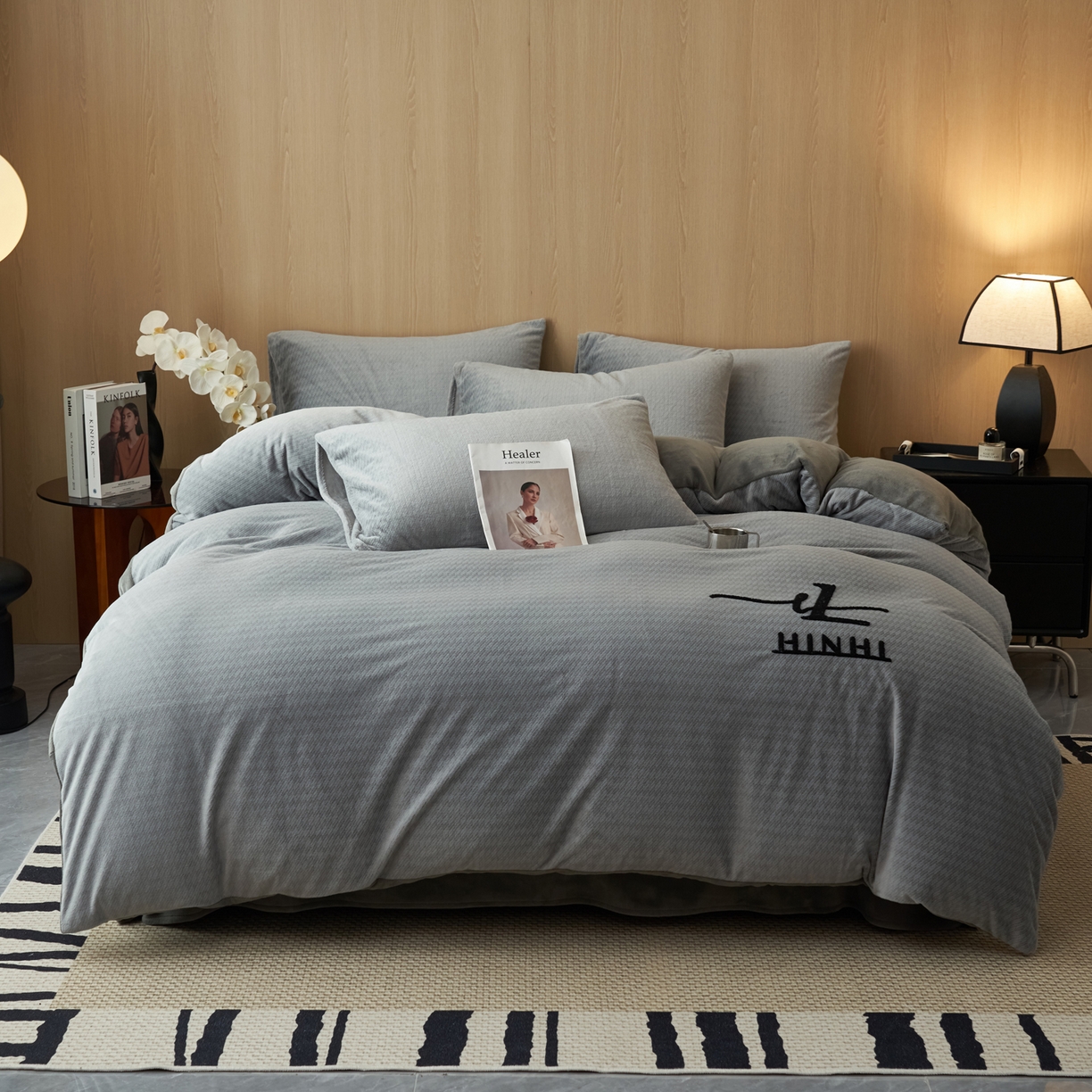 91家纺网 家纺一手货源 找家纺 早晨家纺 2025新款流星款阳离子提花兔毛牛奶绒四件套 流星-银灰