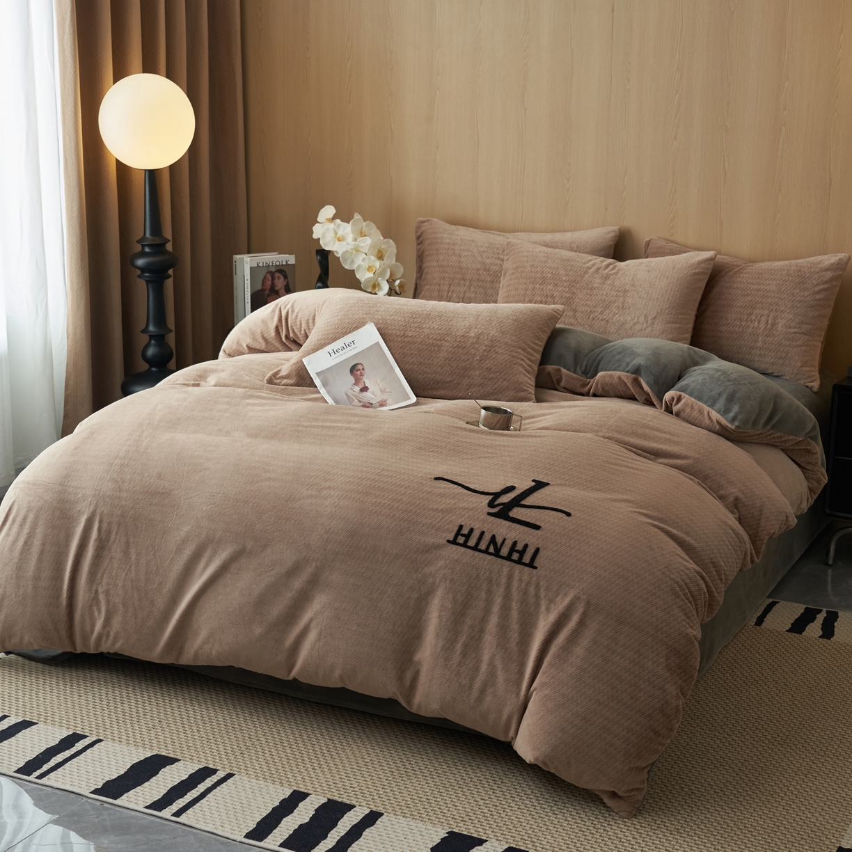 91家纺网 家纺一手货源 找家纺 早晨家纺 2025新款流星款阳离子提花兔毛牛奶绒四件套 流星-奶茶咖