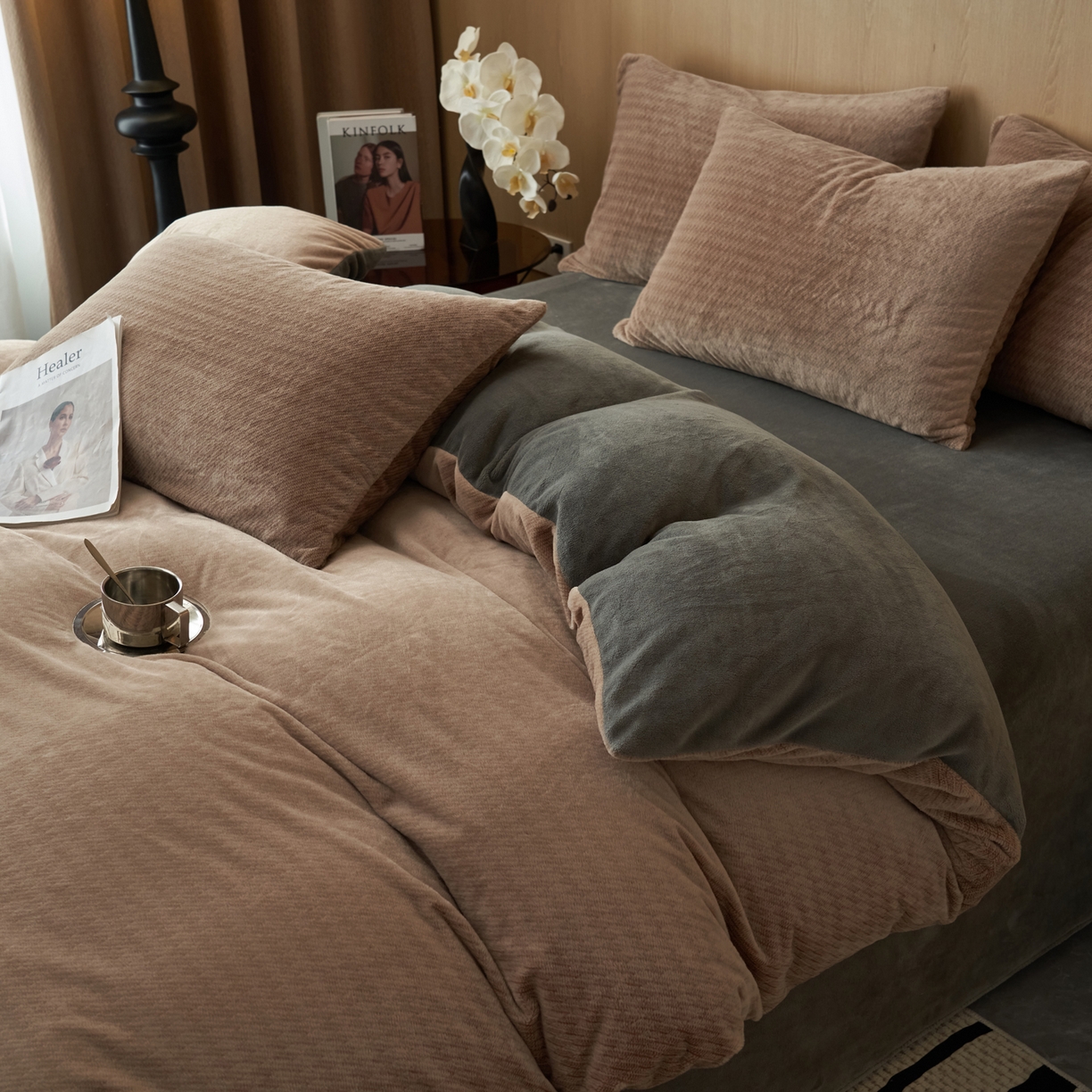 91家纺网 家纺一手货源 找家纺 早晨家纺 2025新款流星款阳离子提花兔毛牛奶绒四件套 流星-奶茶咖