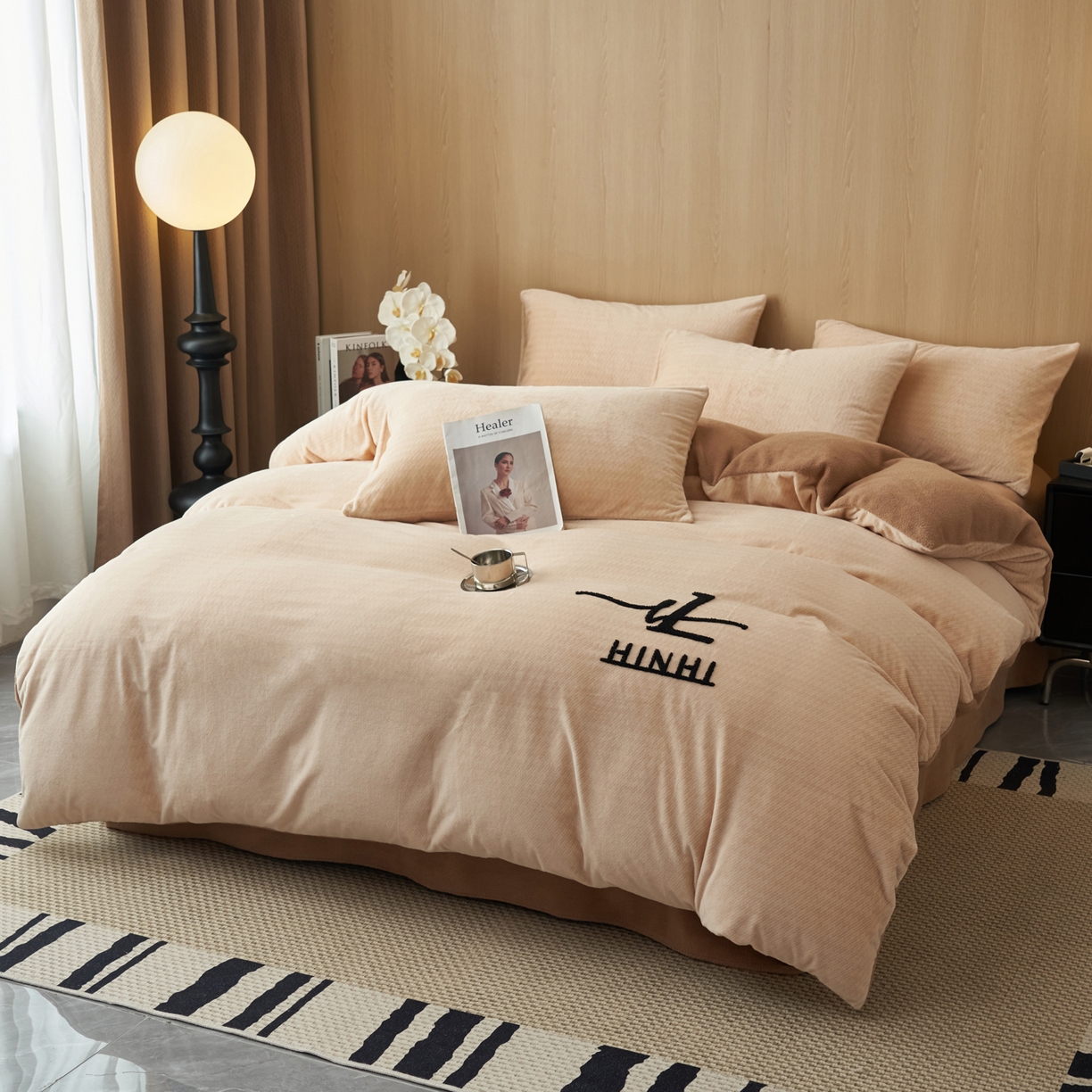 91家纺网 家纺一手货源 找家纺 早晨家纺 2025新款流星款阳离子提花兔毛牛奶绒四件套 流星-米驼