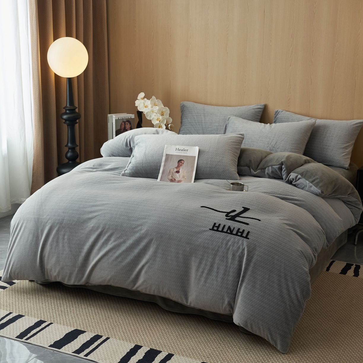 91家纺网 家纺一手货源 找家纺 早晨家纺 2025新款流星款阳离子提花兔毛牛奶绒四件套 流星-银灰