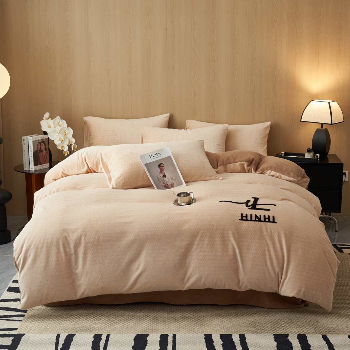 91家纺网 家纺一手货源 找家纺 早晨家纺 2025新款流星款阳离子提花兔毛牛奶绒四件套 流星-米驼