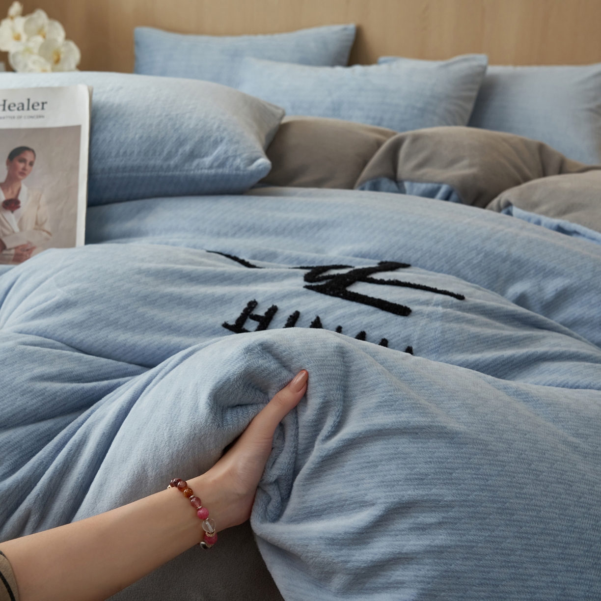 早晨家纺 2025新款流星款阳离子提花兔毛牛奶绒四件套 流星-雾蓝