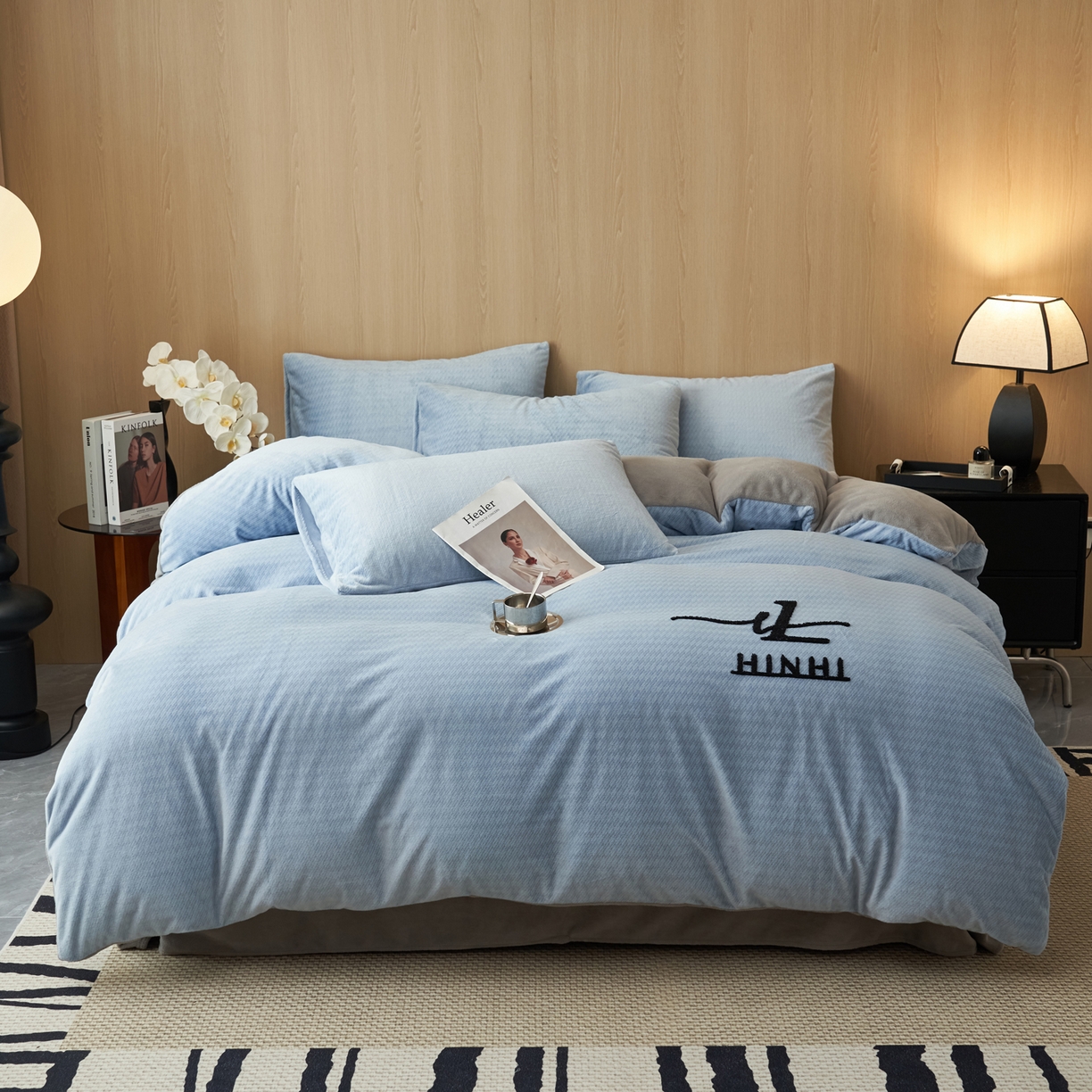 91家纺网 家纺一手货源 找家纺 早晨家纺 2025新款流星款阳离子提花兔毛牛奶绒四件套 流星-雾蓝