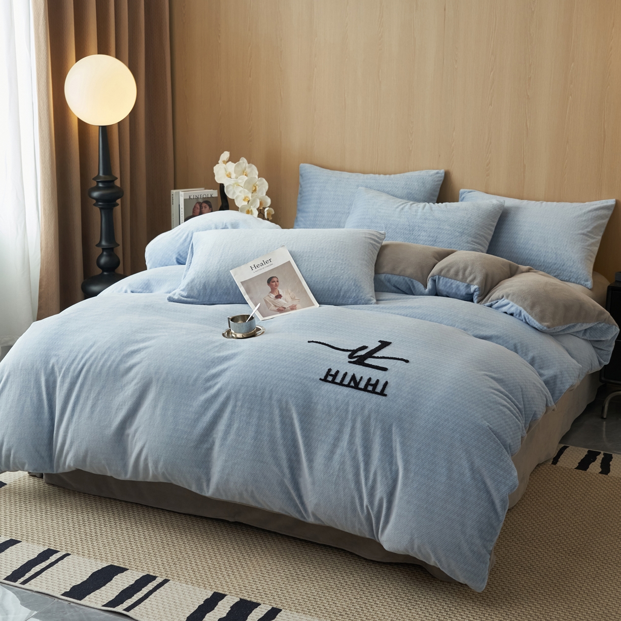 91家纺网 家纺一手货源 找家纺 早晨家纺 2025新款流星款阳离子提花兔毛牛奶绒四件套 流星-雾蓝