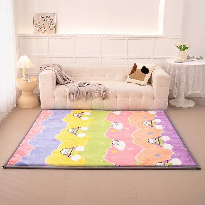 91家纺网 家纺一手货源 找家纺 北辰 2025新款牛奶绒地垫打地铺神器床边垫床垫遮盖物客厅地垫可定制 彩虹狗宝